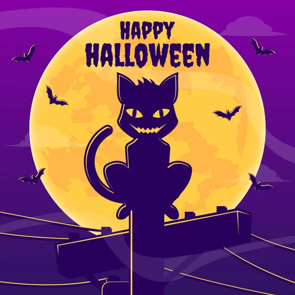 Welcome banner halloween, Scary cat sitting on pole cartoon illustration