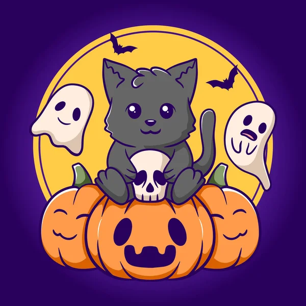 Cute Cat Sitting Pumpkin Halloween Cartoon Illustration — ストックベクタ