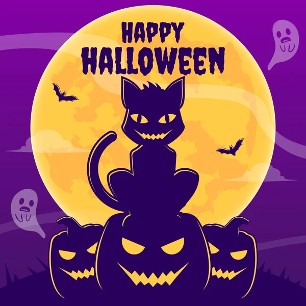 Welcome banner halloween, Scary cat sitting on pumpkin cartoon illustration