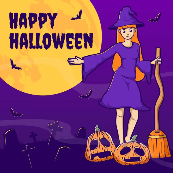 Welcome banner halloween, cute witch cartoon illustration
