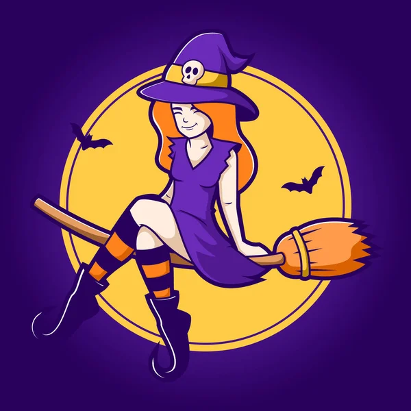 Cute Witch Riding Broomstick Halloween Cartoon Character — Vetor de Stock