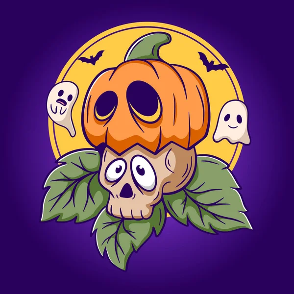 Cute Pumpkin Skull Funny Halloween Cartoon Illustration — ストックベクタ