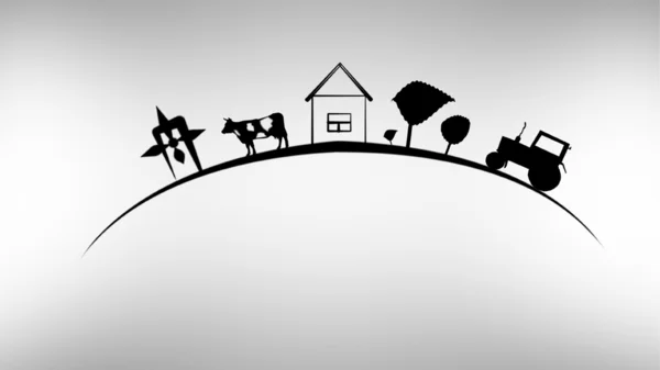 karanlık şekli traktör, inek, ev, ağaç, mill. gri arka planı