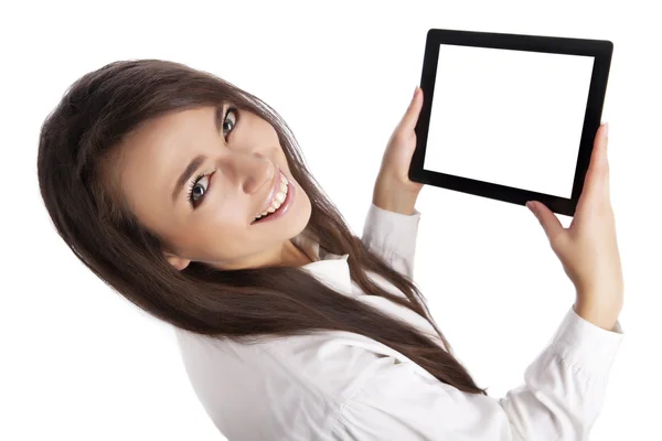 Cheerful girl and pad — Stock Photo, Image