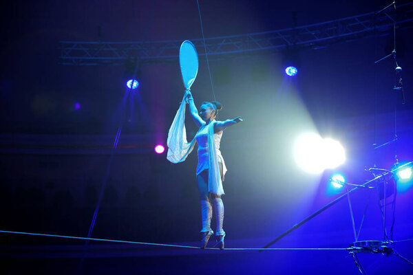 Minsk, Belarus - May 15, 2020: Equilibrist on the rope. Ekaterina Makssimova. Circus.