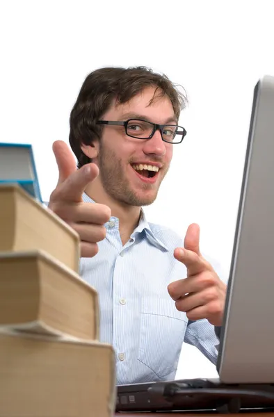 Happy man is rejoice in front laptop — Stock Photo, Image