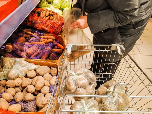 Eine Frau Pflückt Herbst Gemüse Und Legt Einen Einkaufswagen Das — Stockfoto