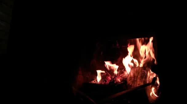 一个人在壁炉里用火把柴火打直 — 图库视频影像
