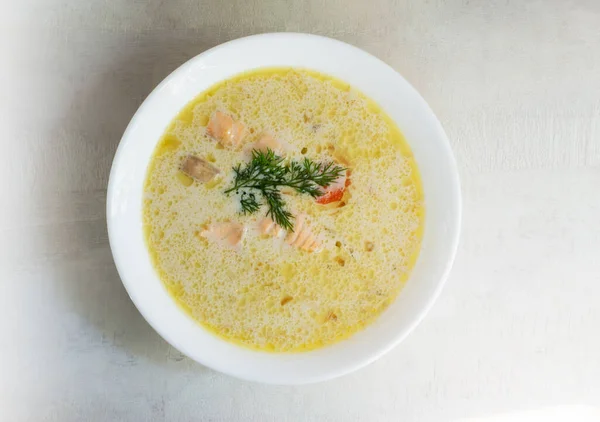 Salmon Cream Fish Soup White Bowl Sprig Dill Lohikeitto Traditional — Stock Photo, Image