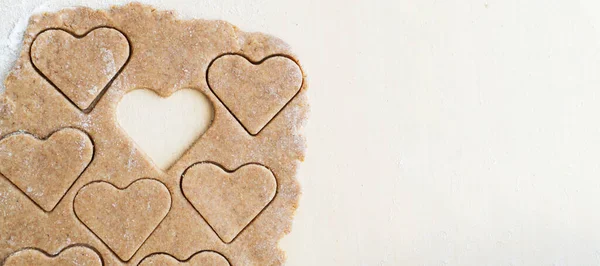 Process Making Heart Shaped Whole Wheat Flour Cookies Concept Festive — Stock Photo, Image