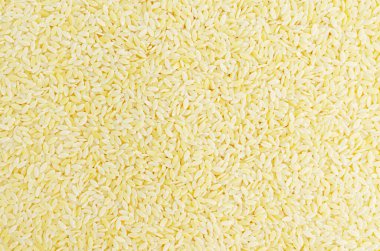 Biberiye filizli çiğ risoni makarna. Geleneksel İtalyan mutfağı kavramı. Şablon. Yatay oryantasyon. Üst Manzara. Boşluğu kopyala.