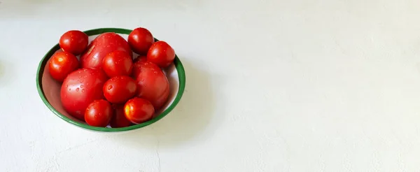 Red Ripe Tomatoes Different Sizes Ceramic Deep Bowl White Background — стоковое фото