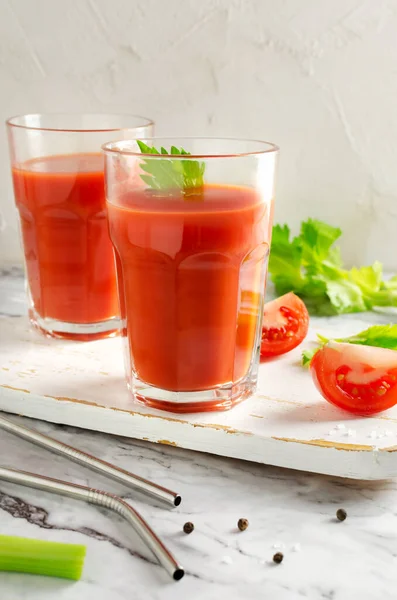 Two Transparent Glass Cups Red Tomato Juice Celery Leaf Sliced — Foto de Stock