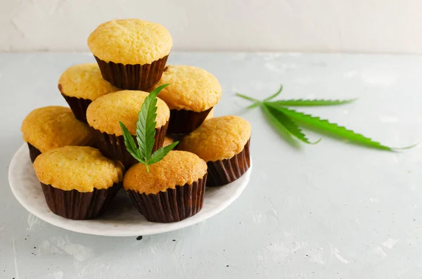 Many Marijuana cupcake muffins with cannabis leaves. Gluten free. Alternative sweets concept. Horizontal orientation. Selective focus. Copy space
