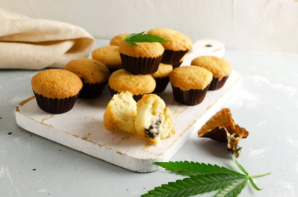 Many Marijuana cupcake muffins with cannabis leaves on a wooden board. Gluten free. Alternative sweets concept. Vertical orientation. Selective focus.