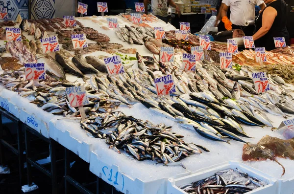 Muitos Tipos Diferentes Peixe Gelo Mercado Conceito Comida Mar Rintação — Fotografia de Stock