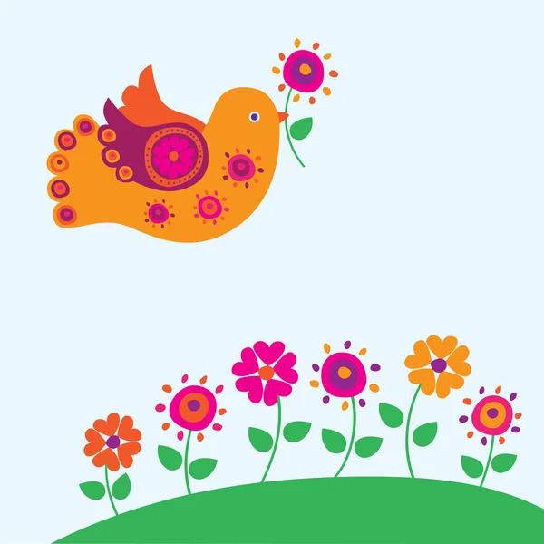 Pájaro y flores de primavera. Ilustración vectorial . — Archivo Imágenes Vectoriales