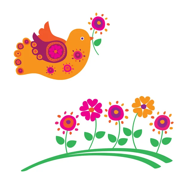 Птица и весенние цветы. Векторная иллюстрация . — стоковый вектор