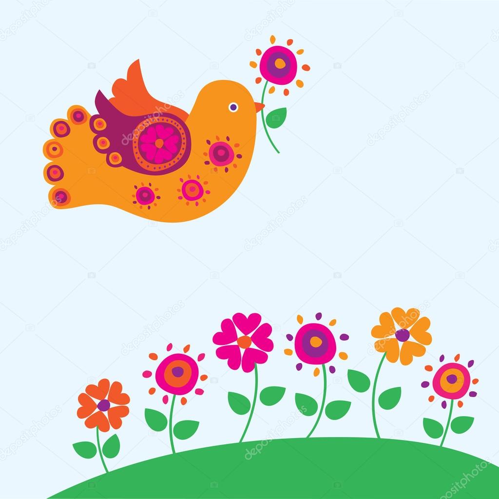 Bird and spring flowers. Vector illustration.