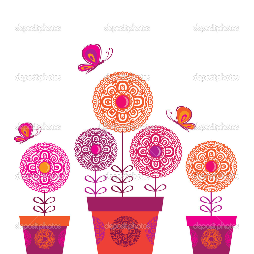 Spring flower with butterflies. Vector illustration.