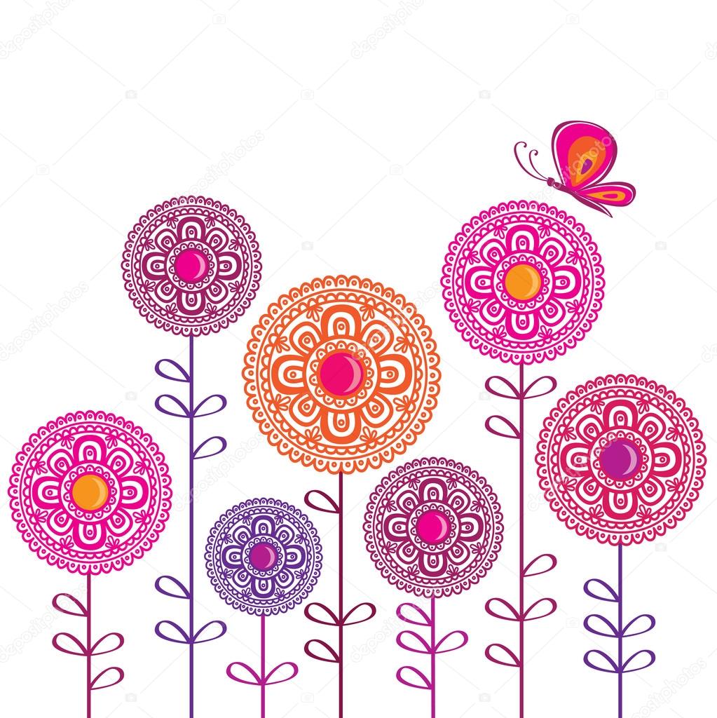 Spring flower with butterflies. Vector illustration.