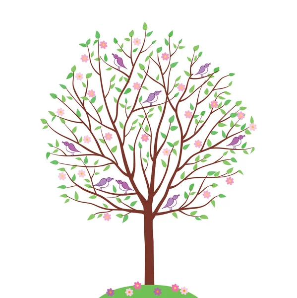 Albero primaverile con fiori e uccelli. Illustrazione vettoriale . — Vettoriale Stock