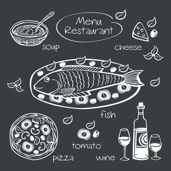 Menú del restaurante. Dibujo con tiza en una pizarra. Ilustración vectorial . — Vector de stock