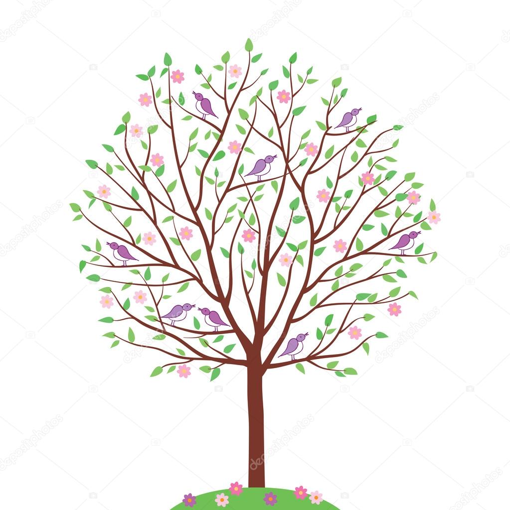 Spring tree with flowers and birds. Vector illustration.