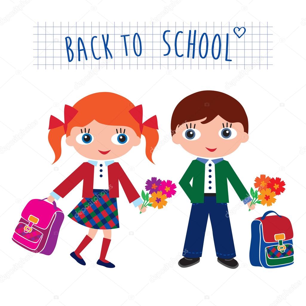 Schoolchildren with schoolbags. Back to school. Vector illustration.