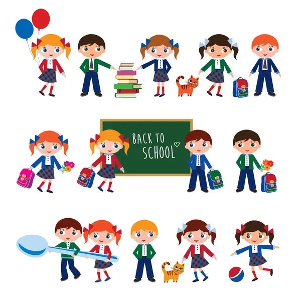 Colegiales con bolsos escolares . — Vector de stock