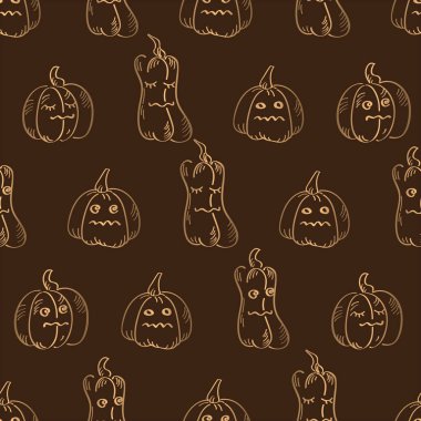 Altın balkabaklarıyla kusursuz bir Cadılar Bayramı deseni. Tekstil, duvar kâğıtları, hediye paketi ve albüm için arka plan. Vektör illüstrasyonu.