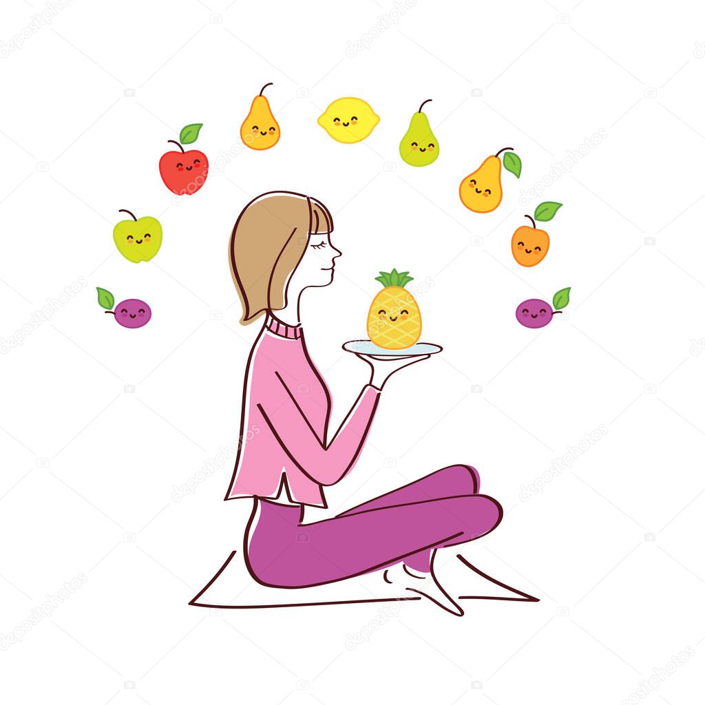 Beautiful girl in lotus position with fruits. Healthy lifestyle concept. Positive attitude to the body and self-love. Flat vector illustration.