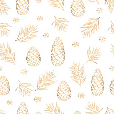 Tekstil, kumaş imalatı, duvar kâğıdı, kapaklar, yüzey, baskı, hediye paketi, koleksiyon defteri. Çam ve sedir kozalakları ve altın çizgilerden oluşmuş dallar. Vektör.