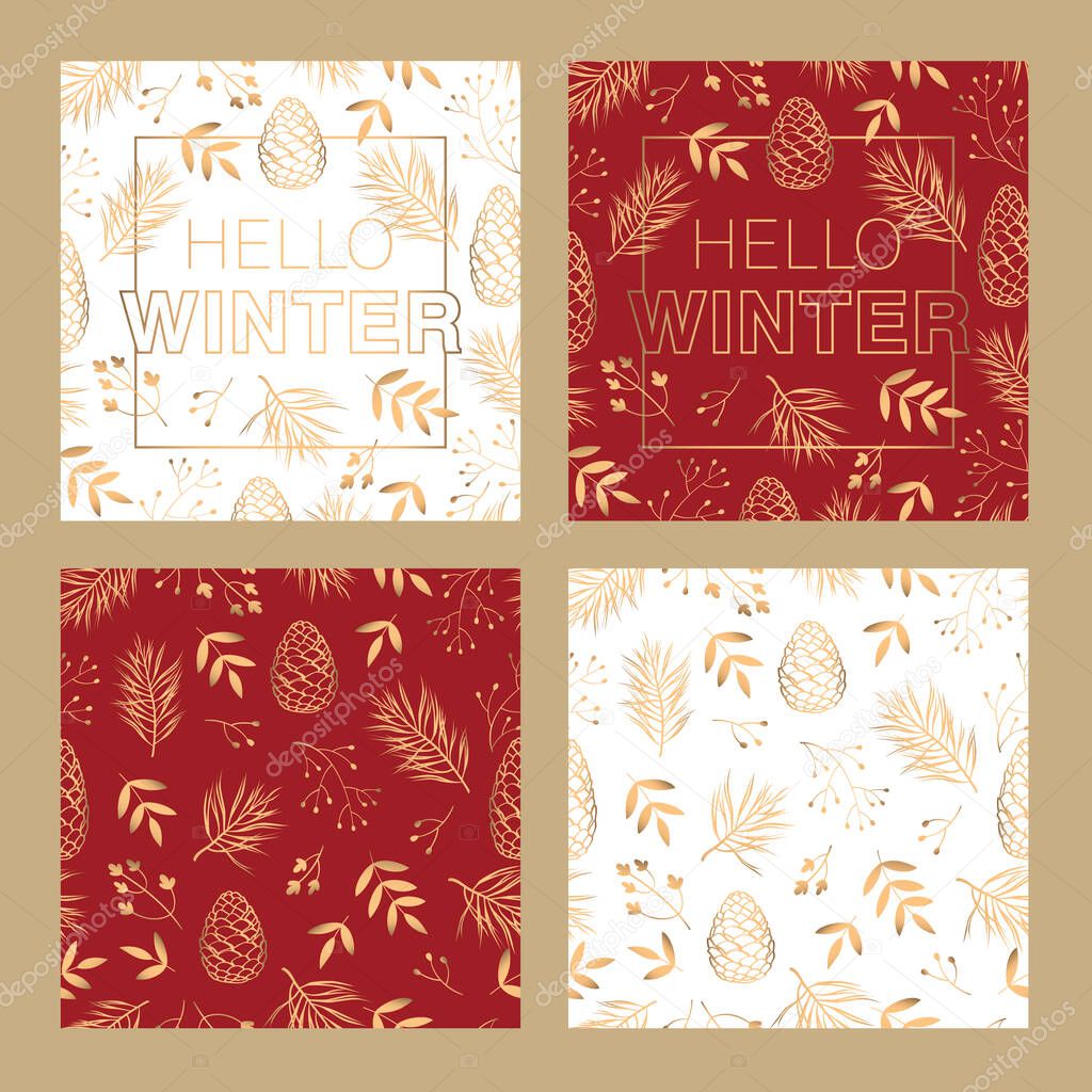 Winter seamless pattern and banners. Background for textile, fabric manufacturing, wallpaper, covers, surface, print, gift wrap, scrapbooking. Pine, cedar cones, twigs, flowers and leaves composed of gold art line. Vector.
