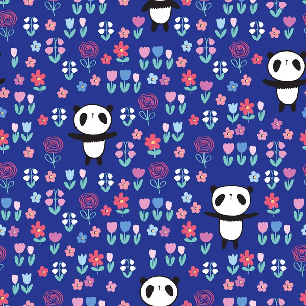 Patrón Sin Costuras Con Lindos Pandas Flores Para Envolver Regalos — Archivo Imágenes Vectoriales