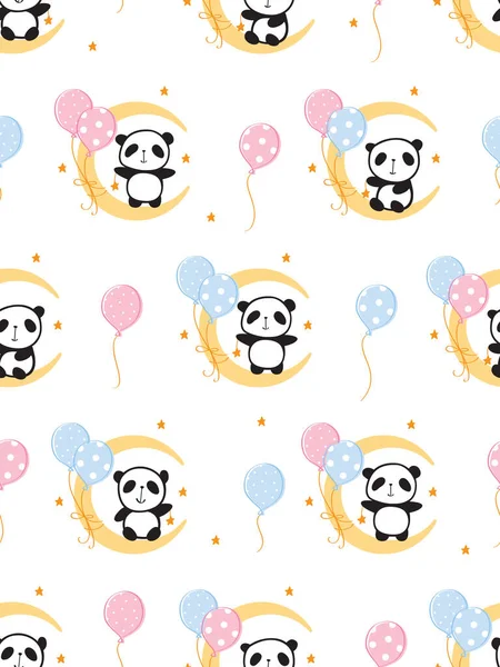 无缝图案 月亮上有可爱的熊猫 带着气球包装礼物 孩子们有纺织品或书籍封面 墙纸和剪贴簿 — 图库矢量图片