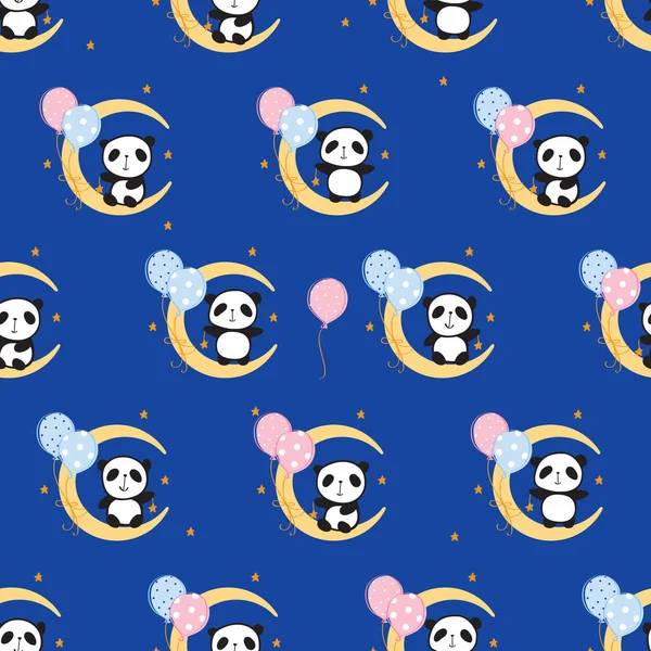 Patrón Sin Costuras Con Lindos Pandas Luna Con Globos Para — Vector de stock