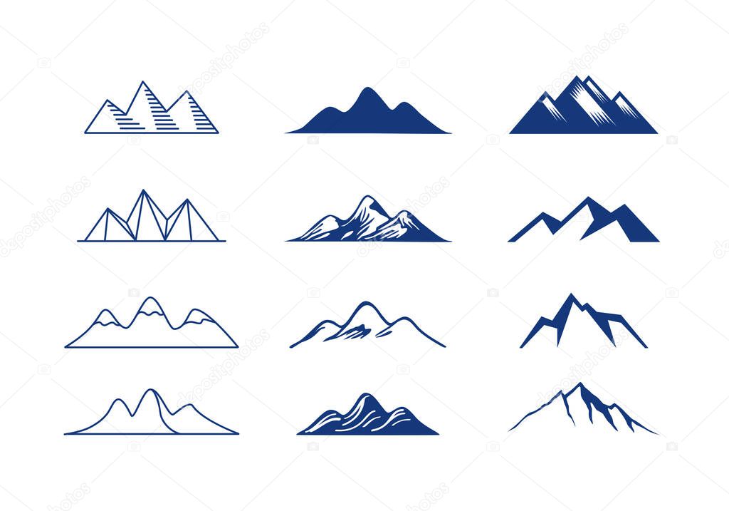 Hand drawn mountain Isolated. Set of blue rocky mountain silhouette. Vector.