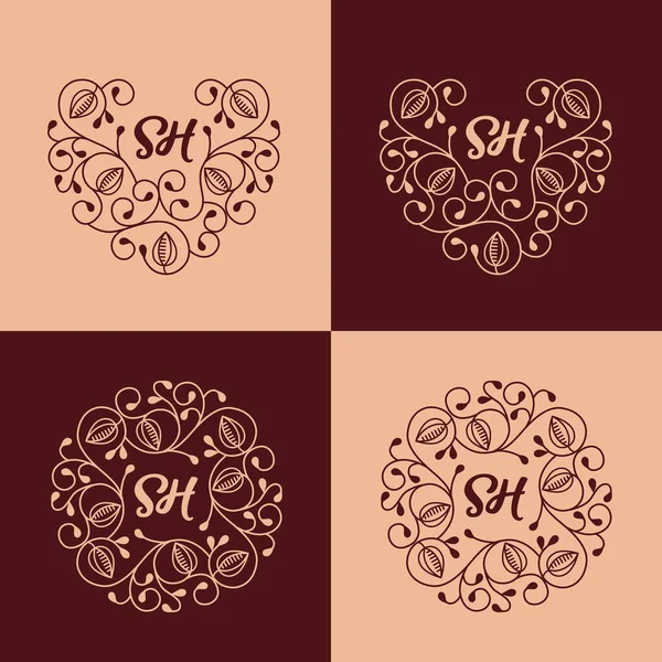 Set Elegant Luxury Floral Monogram Frame Template Chocolate Brown Background — Stock Vector