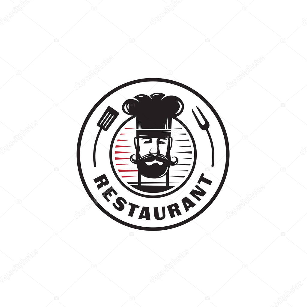 Chief cook in cap symbol or logo. Restaurant, food concept, hand drawn elements. Vector.