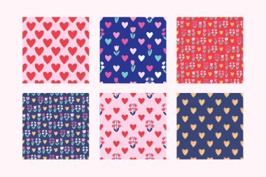 Sevgililer günü, doğum günü, Anneler Günü, düğün için kalpleri ve çiçekleri olan sevimli, pürüzsüz desenler. Vektör.