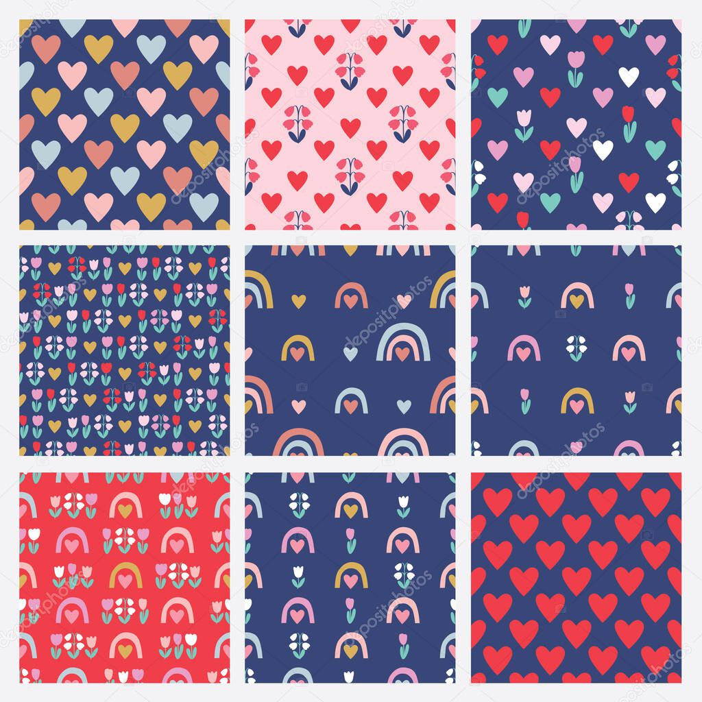 Set of cute seamless patterns with hearts, rainbows and flowers for gift wrap, kids textile or book covers, wallpapers and scrapbook, Valentine's Day, birthday, Mother's Day, wedding. Vector.
