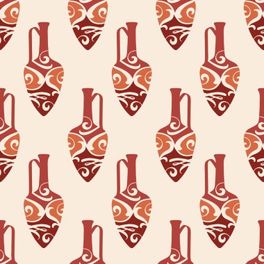 Tekstil, kumaş imalatı, duvar kağıdı, kapaklar, yüzey, baskı, hediye paketi, koleksiyon defteri için antika amfora sahip kusursuz desen. Eski tarz. Vektör.