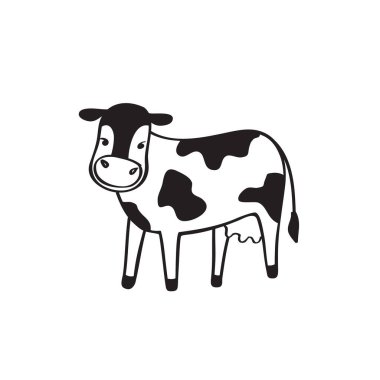 Süt ineği. Süt ürünleri, amblem, logo tasarımı için el çizimi illüstrasyon. Vektör.