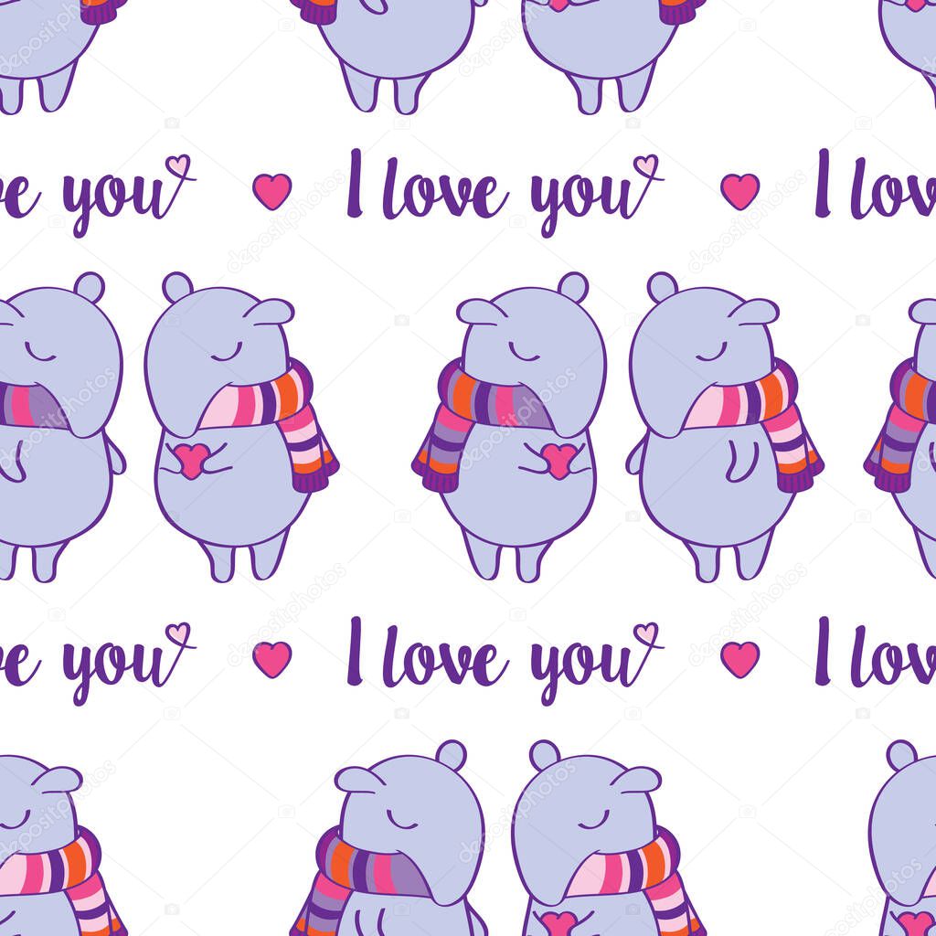 Seamless pattern with hand drawn cute tapir for gift wrap, kids textile or book covers, wallpapers and scrapbook, Valentine's Day, birthday, Mother's Day, wedding. Vector.