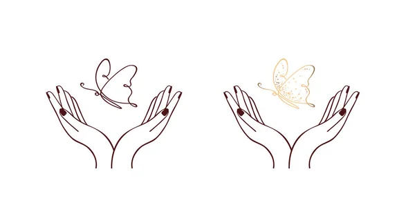 Mãos Femininas Com Borboletas Estilo Desenho Arte Uma Linha Contínua Ilustração De Stock