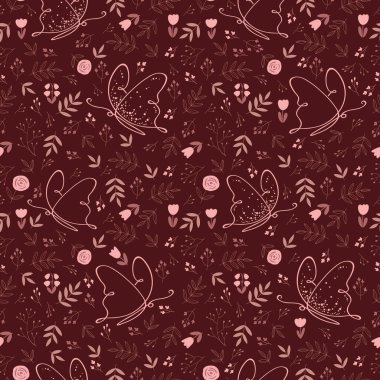 Dekoratif pembe çiçekli, yapraklı ve kelebekli kusursuz desen. Tekstil, kumaş imalatı, duvar kağıdı, kapaklar, yüzey, baskı, hediye paketi, yapıştırma kitabı için çiçek koyu arkaplan.