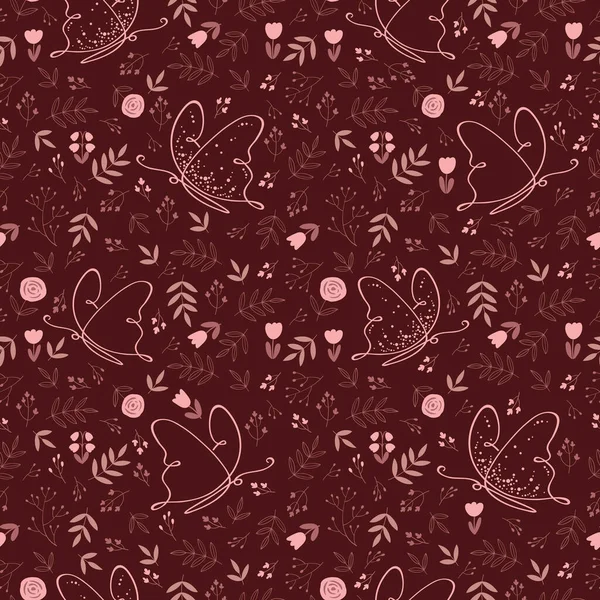 无缝隙图案 装饰着粉红色的花朵 叶子和蝴蝶 纺织品 织物制造 印刷品 礼品包装 废料预订用植物深色底色 — 图库矢量图片