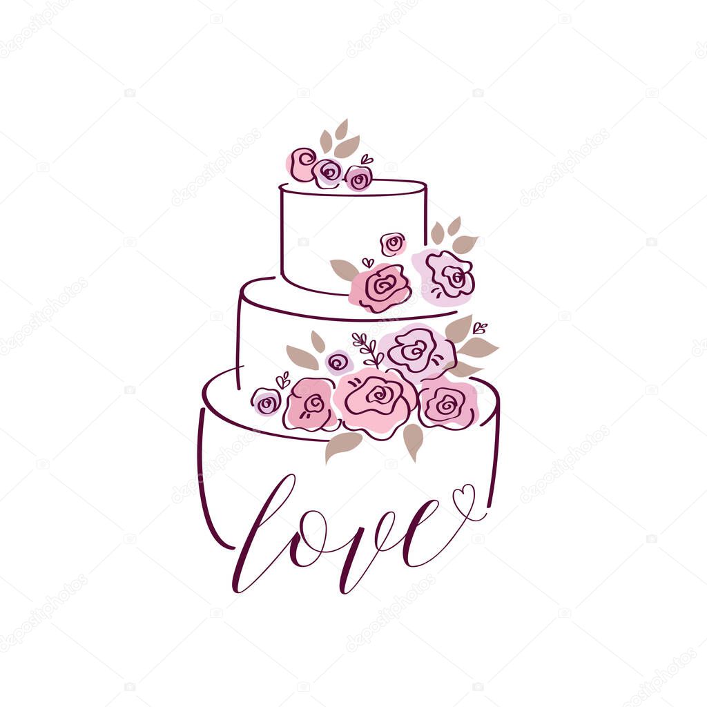 Hand drawn wedding cake with cute flowers. Elements for wedding, birthday, valentines day. Vector illustration.