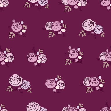 Pembe bahar çiçekleriyle hoş, pürüzsüz bir desen. Tekstil, kumaş imalatı, duvar kağıdı, kapaklar, yüzey, baskı, hediye paketi, yapıştırma kitabı için koyu mor bir arka plan. Vektör